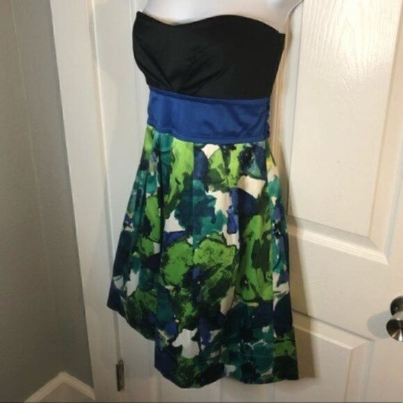 Teeze Me Satin Floral Tulle Underlay Strapless Dress Mini Juniors 9 Blue Black - Picture 2 of 7